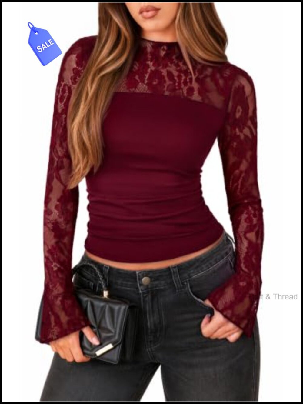 Sheer Mesh Lace Long Sleeve Blouse with Ruched Waist